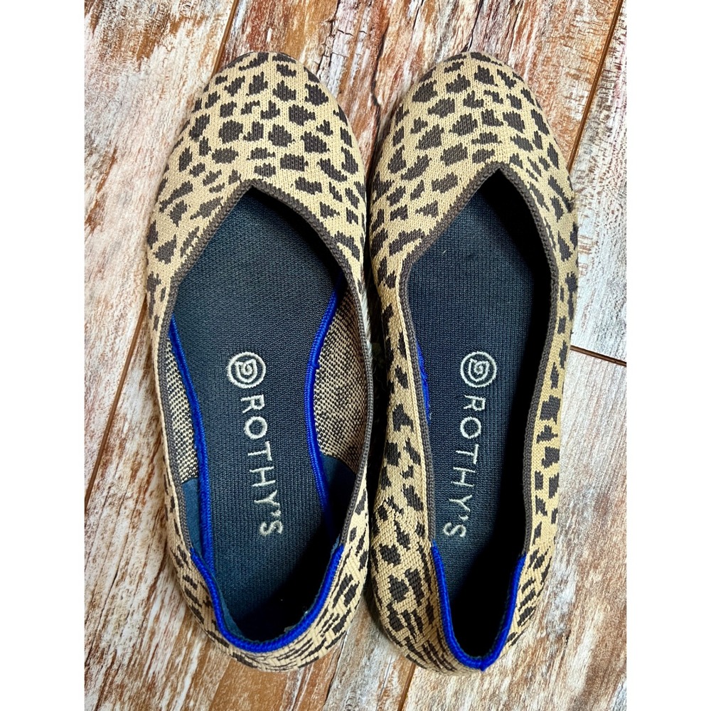 Rothys The Flat Leopard Print Knit Pointed Toe Shoes Womens 8 Tan Black
